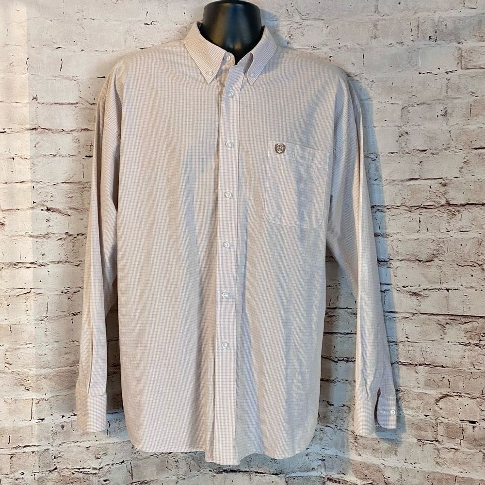 Panhandle Slim Mens Long Sleeve Button Down Shirt Tan Cream Small Print Plaid XL